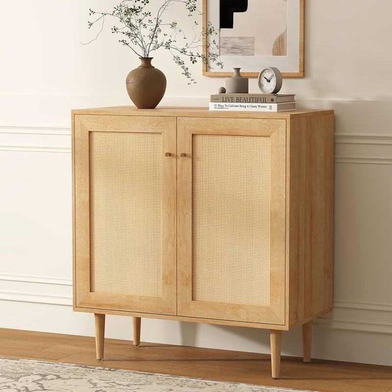 Sideboard Oak Finish with Woven Doors and Black Metal Base