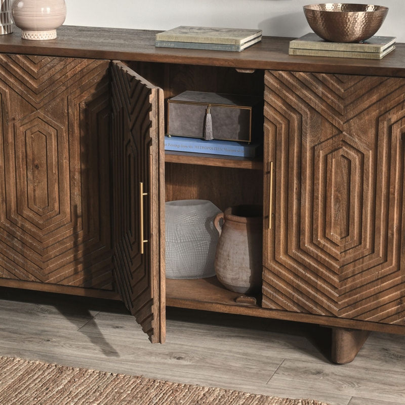 Sideboard Organic Mango Wood with Ribbed Doors and Metal Legs