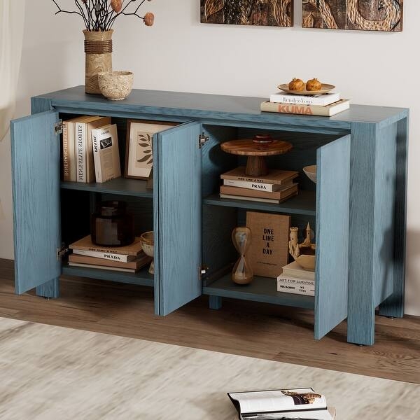 Sideboard Retro Style Distressed Teal Finish Gold Hardware Tapered Legs