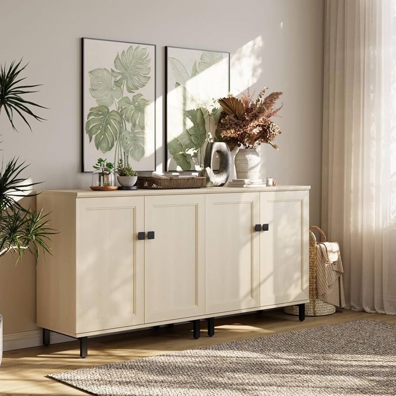 Sideboard Ribbed Door Panels Gold Vertical Handles Light Oak Farmhouse