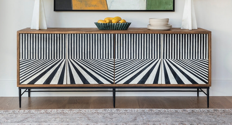 Sideboard Ribbed Surface Contemporary Design Gold T-Bar Handles