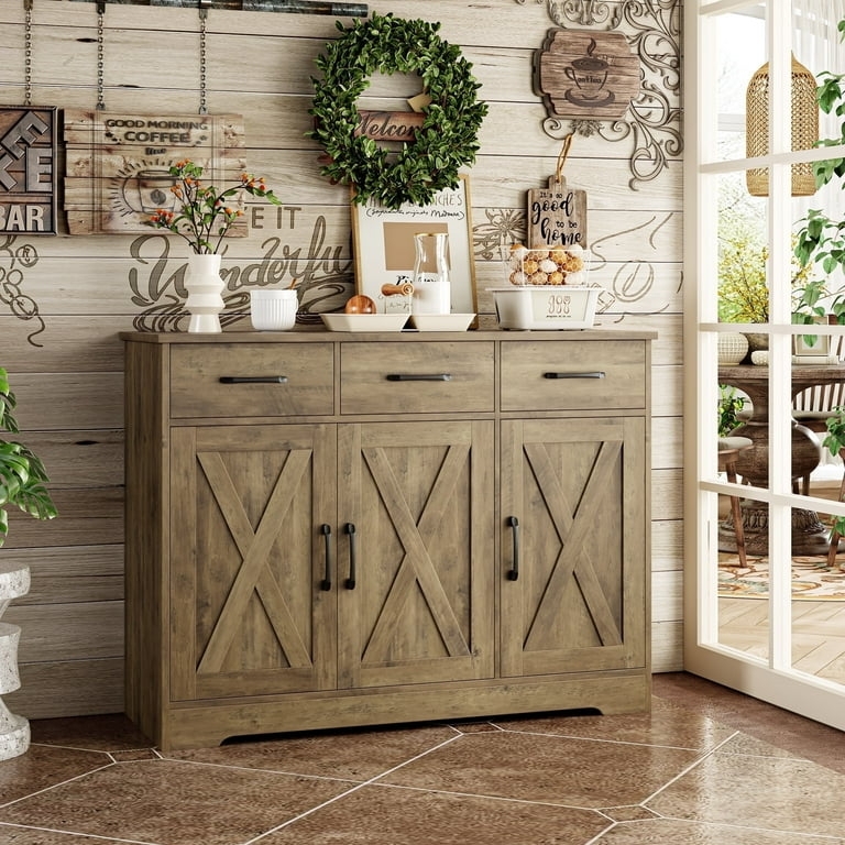 Sideboard, Rustic Brown, Cross Brace Barn Doors, Three Drawers