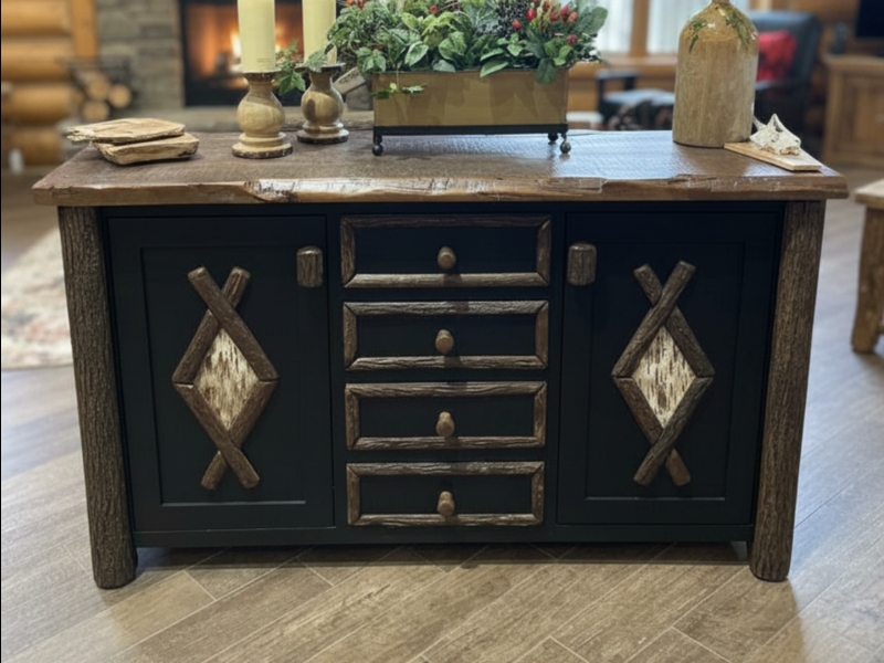Sideboard, Rustic Distressed Wood, Wire Mesh Doors, Planked Shelf