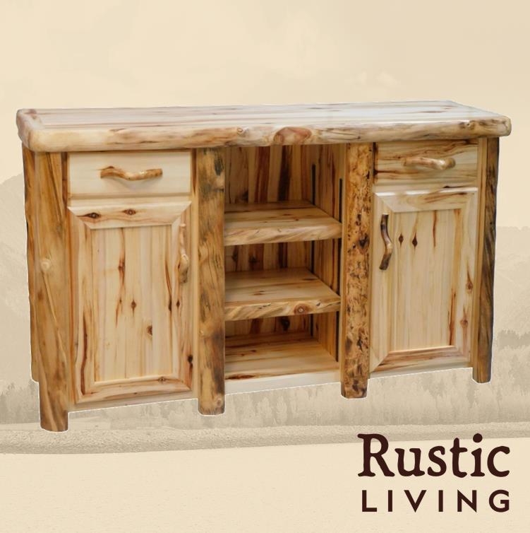 Sideboard, Rustic Log Frame, Natural Bark Legs, Open Bottom Shelf