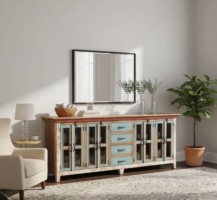 Sideboard Rustic Multicolored Reclaimed Wood Look Glass Curio Doors