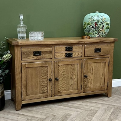 Sideboard Rustic Oak Finish Three Doors Three Drawers Farmhouse Style
