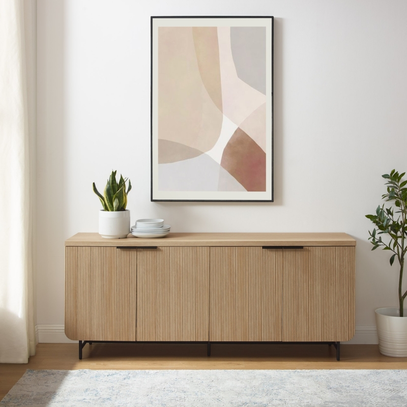 Sideboard Scandinavian Fluted Door Light Wood Handleless