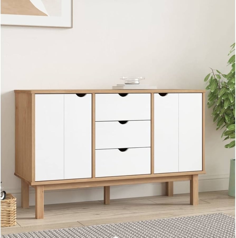 Sideboard Scandinavian Slatted Two Tone Finish Sliding Doors