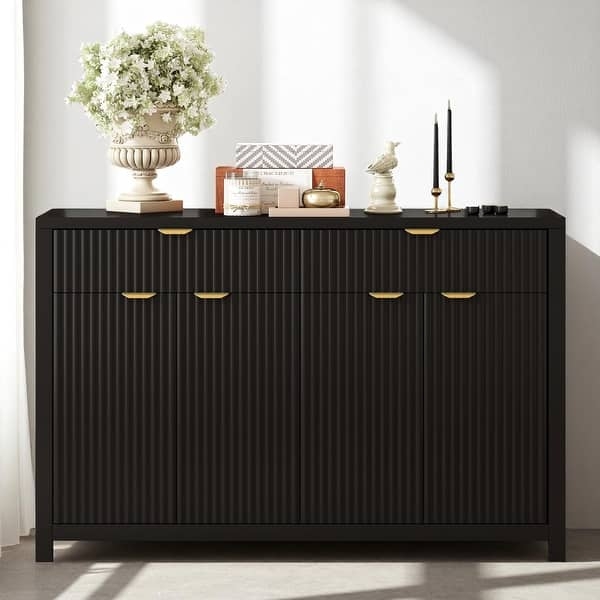 Sideboard Scandinavian Wave Pattern Black Metal Base Handleless