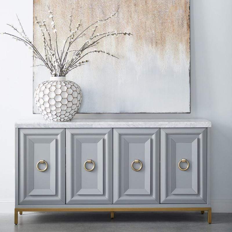 Sideboard Server in Dove Gray with Carrera Marble Top and Gold Base