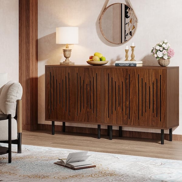 Sideboard Set of Two Geometric Carved Doors Wood Finish