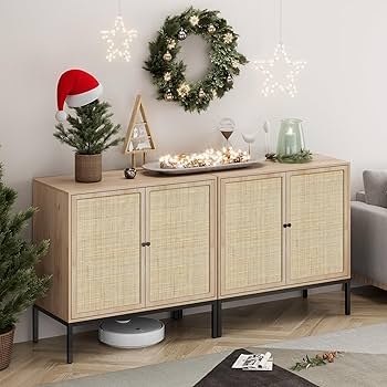 Sideboard Set of Two Natural Cane Doors Black Tapered Legs