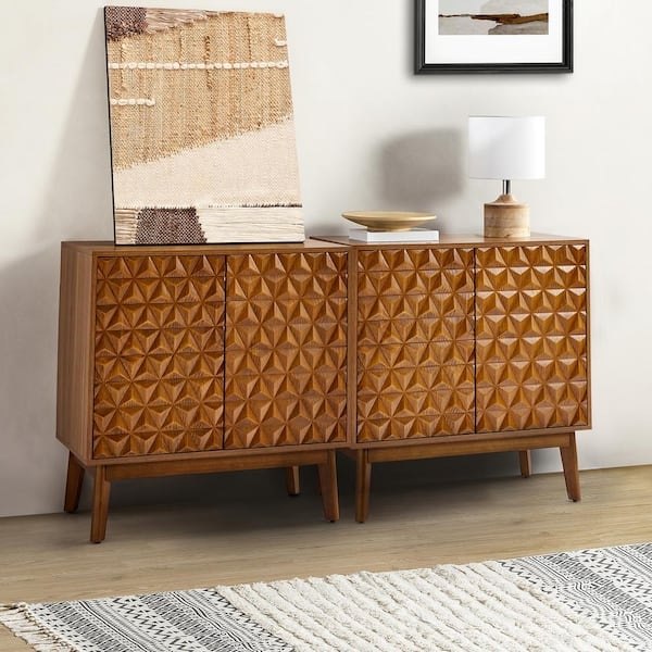Sideboard Set Ribbed Wood Accent Cabinet Pair Walnut