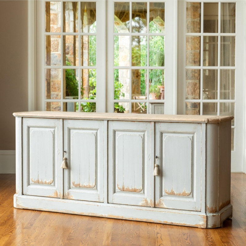 Sideboard Shutter Style Doors Floral Scroll Carvings Distressed Two Tone