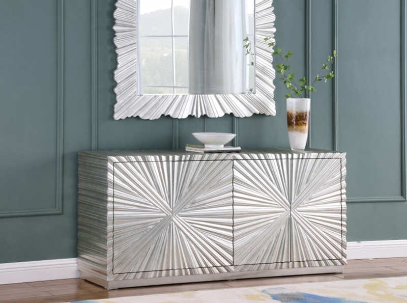 Sideboard Silver Faceted Surface Stiletto Legs Glam Buffet Cabinet