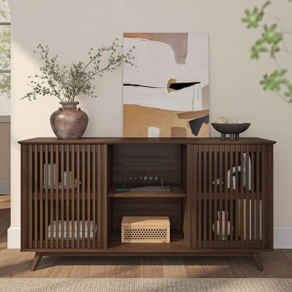 Sideboard Slatted Door Wood TV Stand Open Shelving Walnut