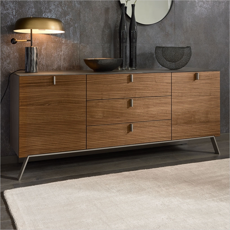 Sideboard Slatted Front Walnut Finish Black Metal Legs Modern Dining Buffet