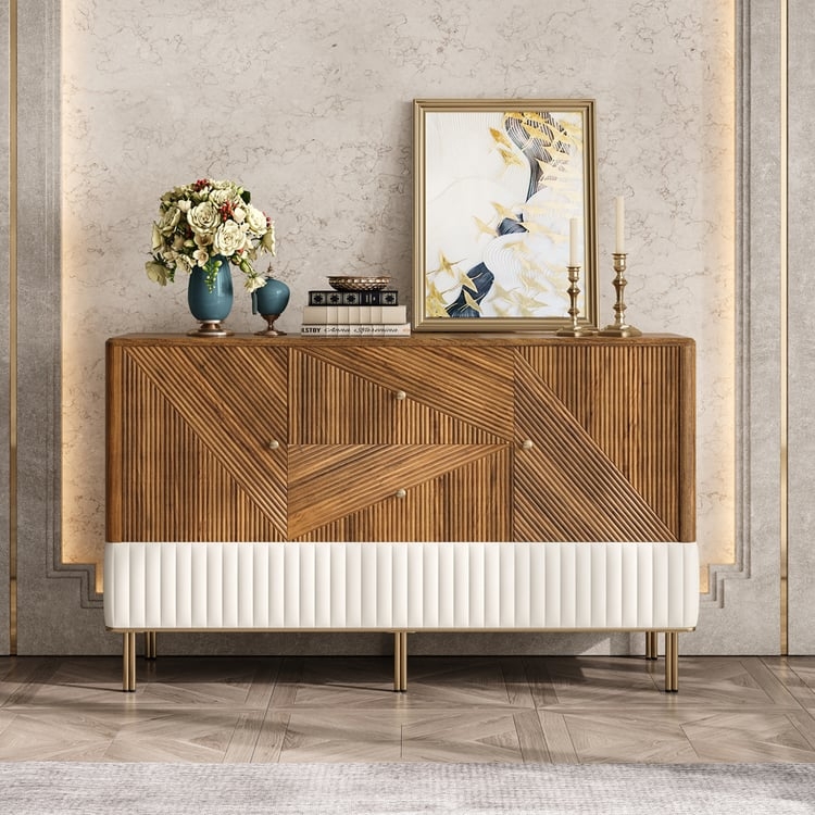 Sideboard Slatted Wood Dining Room Buffet Gold Capped Legs
