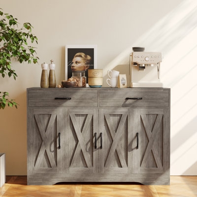Sideboard, Sliding Barn Door, Weathered Gray Finish, Black Hardware