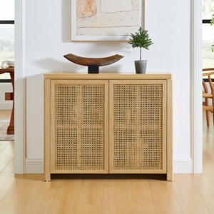 Sideboard Slim Profile Woven Panels Black Metal Legs Boho