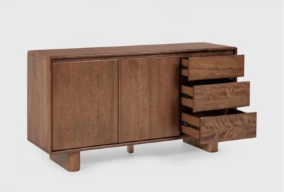 Sideboard Sunburst Carved Wood with Block Base and Handleless Design