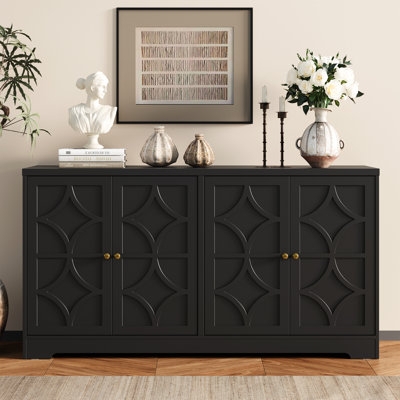 Sideboard Sunburst Geometric Pattern Gold Metal Legs Cream Glam Buffet
