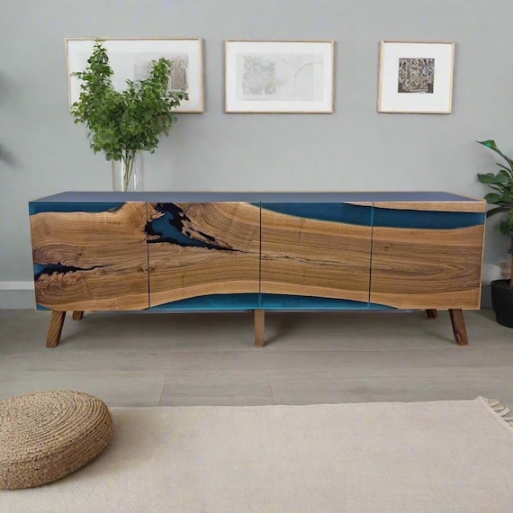 Sideboard Teal Epoxy and Walnut with Live Edge Resin River Design