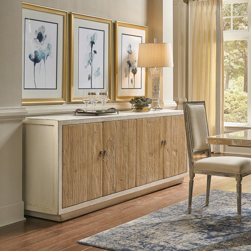 Sideboard, Two-Tone Geometric Carved Wood, Distressed White Finish