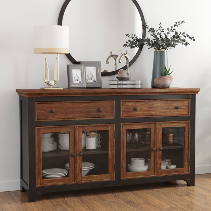 Sideboard Two Tone Wooden Sideboard Cabinet with Distressed Cream Base