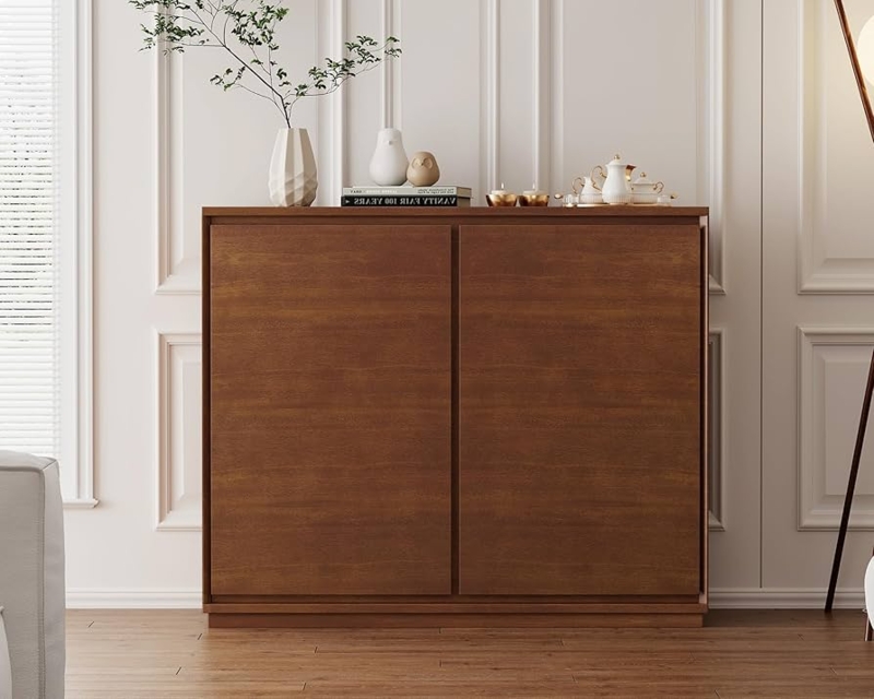 Sideboard Ultra Slim Depth Narrow Entryway Storage Cabinet Walnut