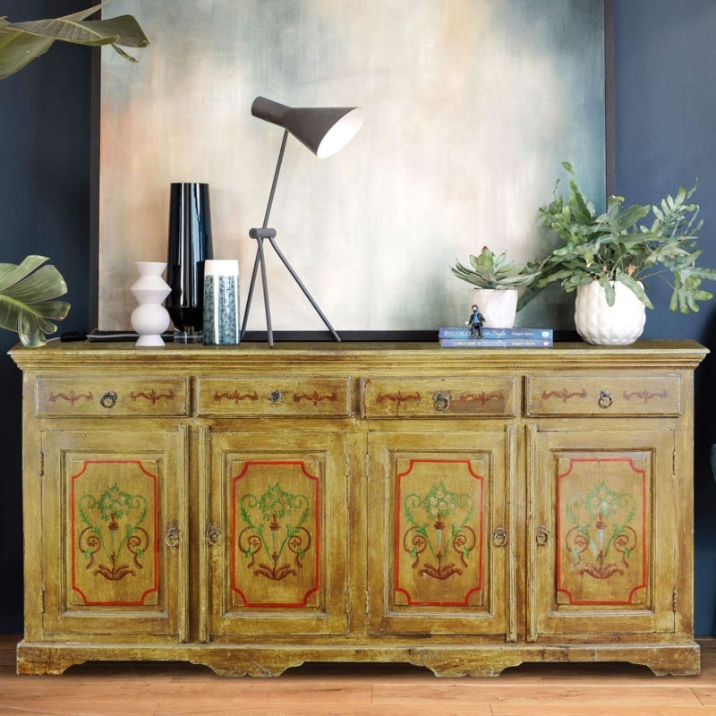 Sideboard Vintage Hand Painted Botanicals with Distressed Whitewash