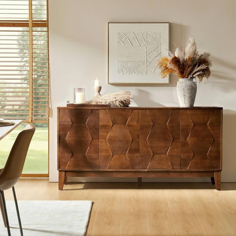 Sideboard Walnut Buffet with Geometric Doors and Flared Legs