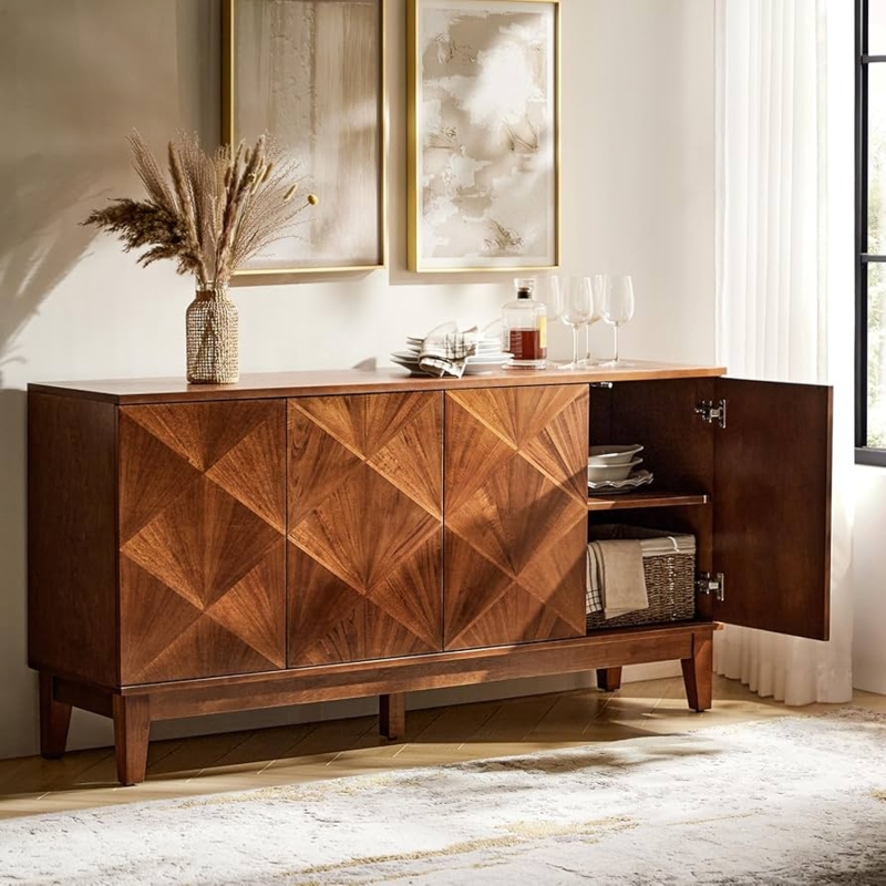 Sideboard Walnut Buffet With Tapered Legs Vertical Ribbing