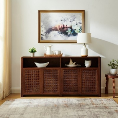 Sideboard Walnut Finish Four Door Woven Rattan Black Metal Base