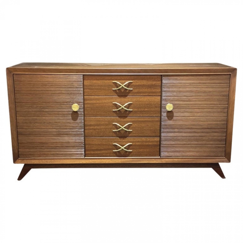 Sideboard Walnut Finish Pedestal Base Rectangular Pulls Mid Century
