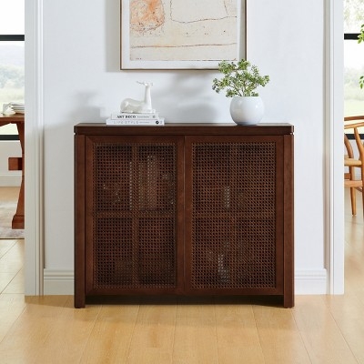 Sideboard Walnut Finish Slim Depth Rattan Panels Gold Legs