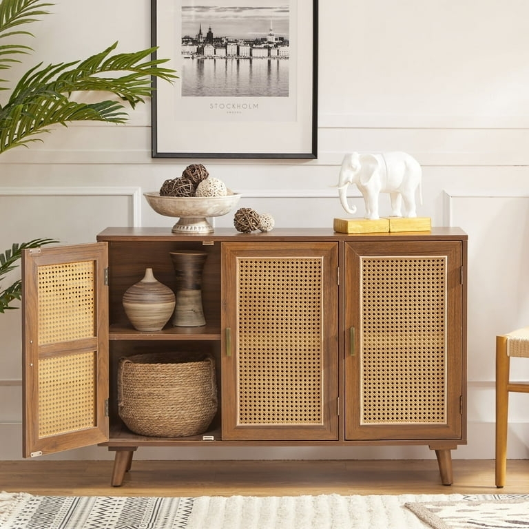 Sideboard Walnut Finish with Circular Woven Rattan Inlay Doors