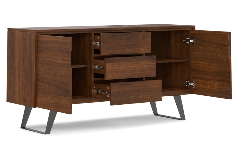 Sideboard Walnut Veneer Black Interior Four Doors Tapered Legs Buffet
