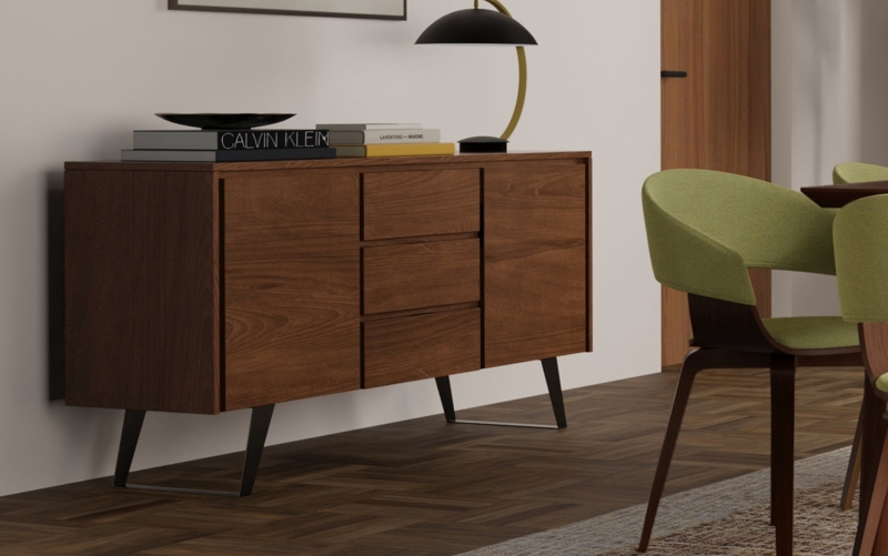 Sideboard Walnut Veneer Slatted Accent Door Tapered Legs Buffet