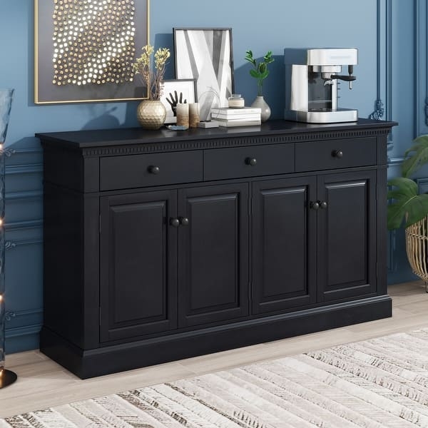 Sideboard Warm Wood Finish X-Frame Glass Doors Triple Drawer Layout