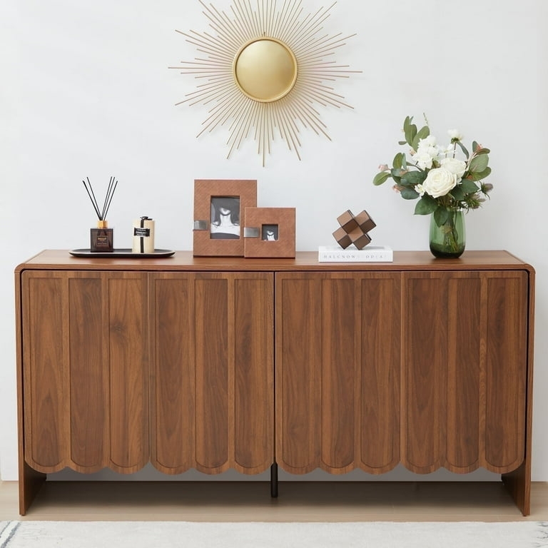 Sideboard Wave Panels Tapered Splayed Legs Mid-Century Wood Credenza