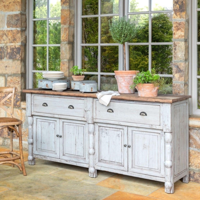 Sideboard Weathered Wood Console with Elm Look and Recessed Panels