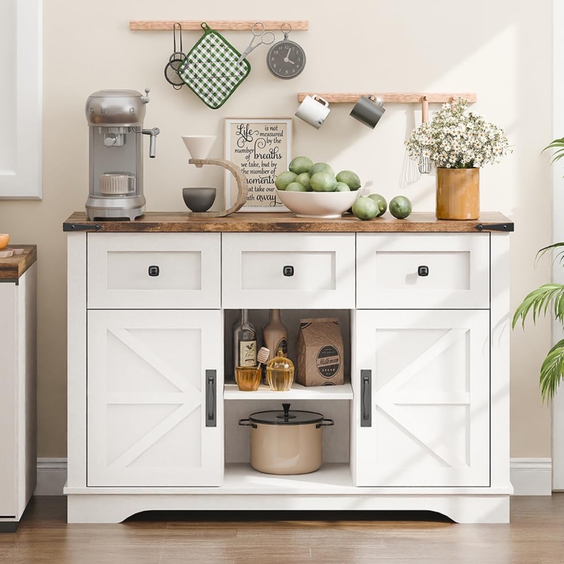 Sideboard White Farmhouse Buffet With Barn Doors and Two Tone Finish