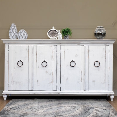 Sideboard White Finish Geometric Carved Doors Gold Knobs Modern Glam