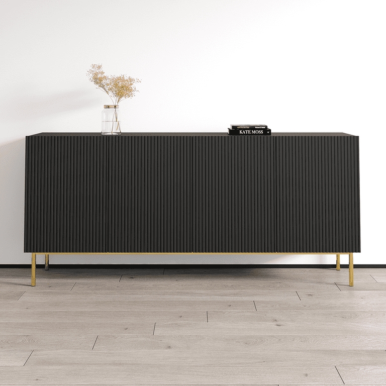 Sideboard White Matte Geometric Recessed Handles, Contemporary Buffet