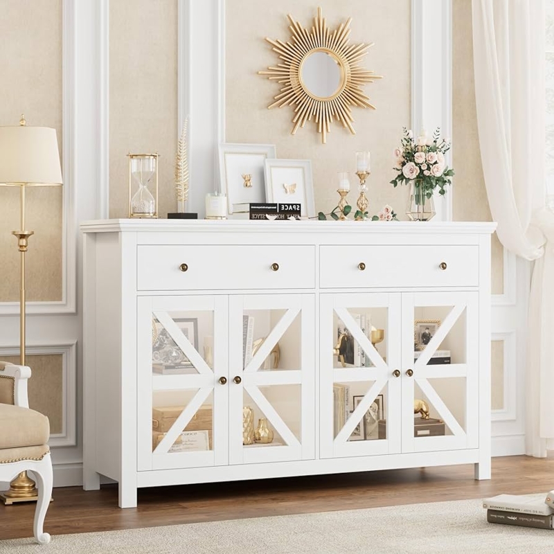 Sideboard White Windowpane Glass Doors Fluted Drawer Fronts Gold Hardware