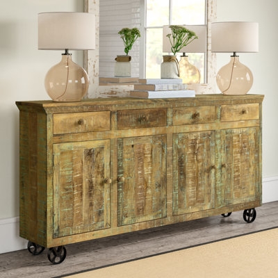 Sideboard with Cast Iron Wheels, Mesh Door Panels, Mango Wood