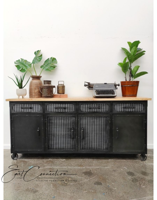 Sideboard with Castor Wheels, Mesh Doors, Timber Top, Vintage Industrial