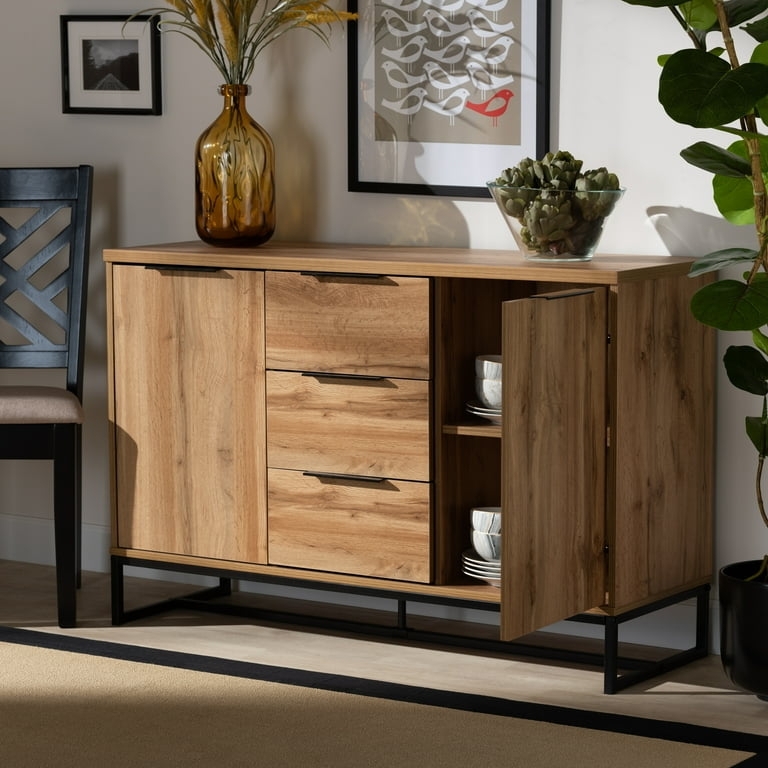 Sideboard with Central Drawer Column and Black Metal Sled Base
