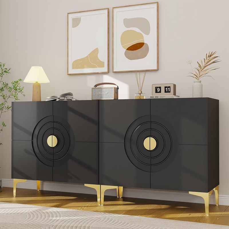 Sideboard with Fluted Door Fronts and Metal Base, Black